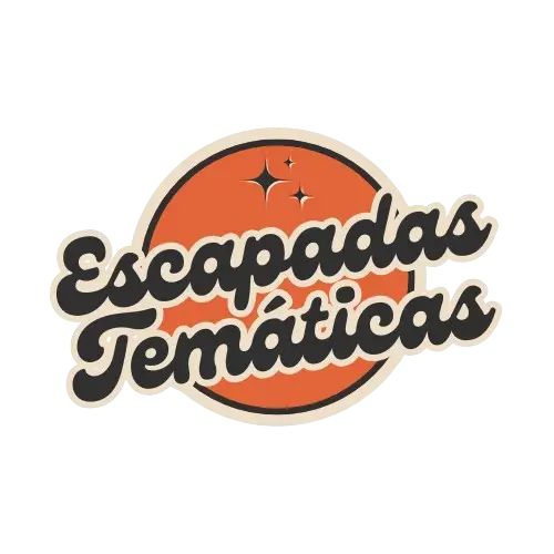 Logo de Escapadas temáticas, sobre un fondo naranja y con dos estrellas encima.