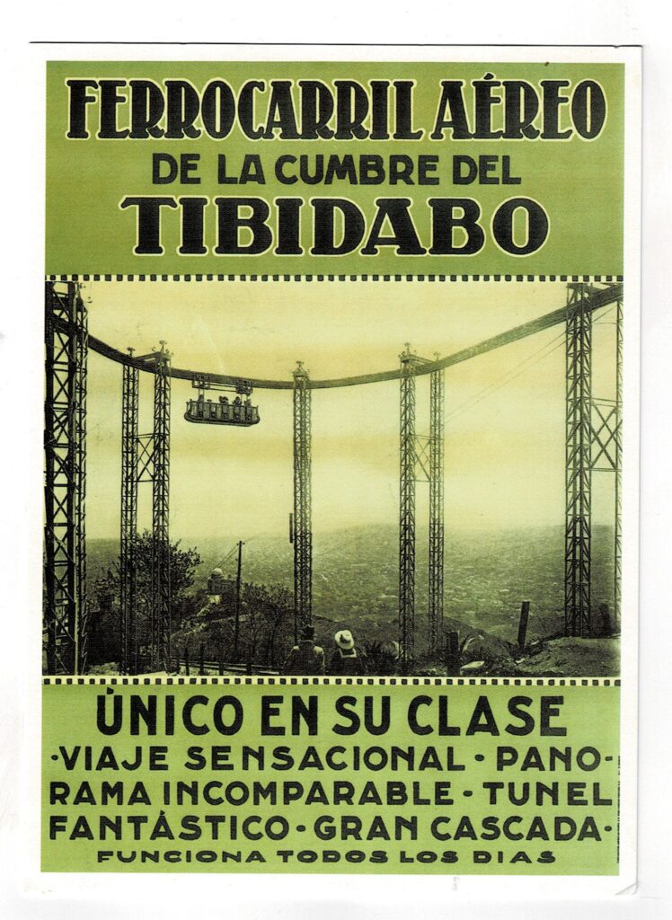 Postal mostrando características del Ferrocarril Aéreo, Tibidabo